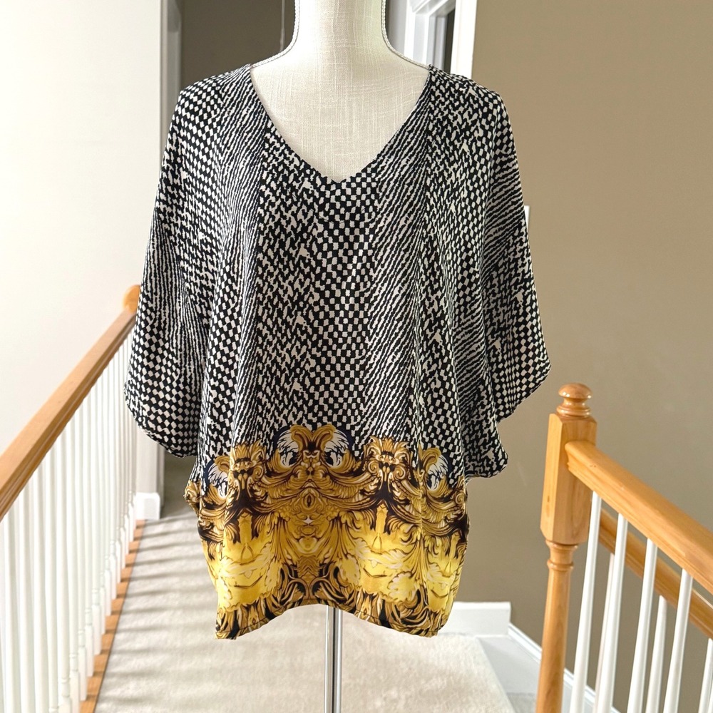 Forever‎ 21 Contemporary Baroque Border Print Tunic Top Black White Gold Small